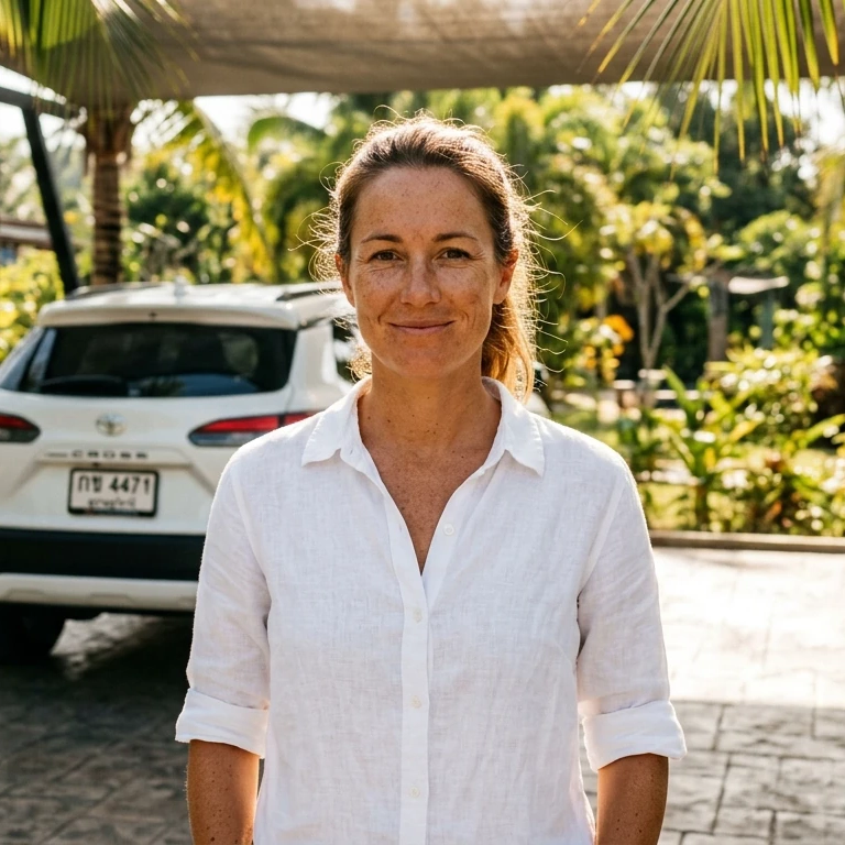Nina Callaghan, who runs marketing and bookings at Samui Cars, photographed beside a rental car on a Koh Samui forecourt