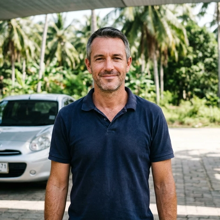 Tom Harding, who looks after the Samui Cars fleet, photographed beside a car on a Koh Samui forecourt