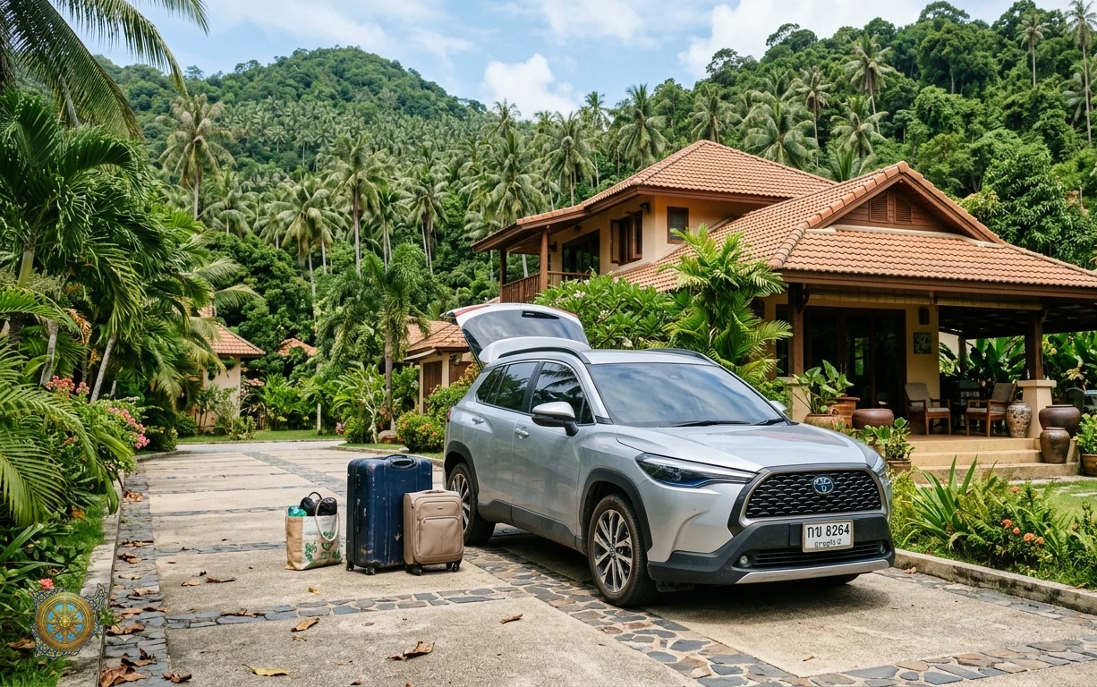 A silver Toyota Corolla Cross parked outside a long-stay villa on Koh Samui in bright daylight, with luggage in the open boot and palm-covered hills behind