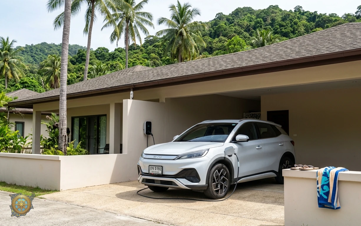 A white BYD Atto 3 electric car on a long-stay rental, plugged into a wallbox in a villa carport on Koh Samui in bright daylight, with palm trees and green hills behind