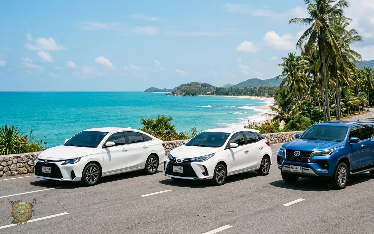 Three Samui Cars rental cars parked side by side on a palm-lined coastal road in Koh Samui: a white Toyota Yaris Ativ sedan, a white Toyota Yaris hatchback and a metallic blue Toyota Fortuner 7-seat SUV