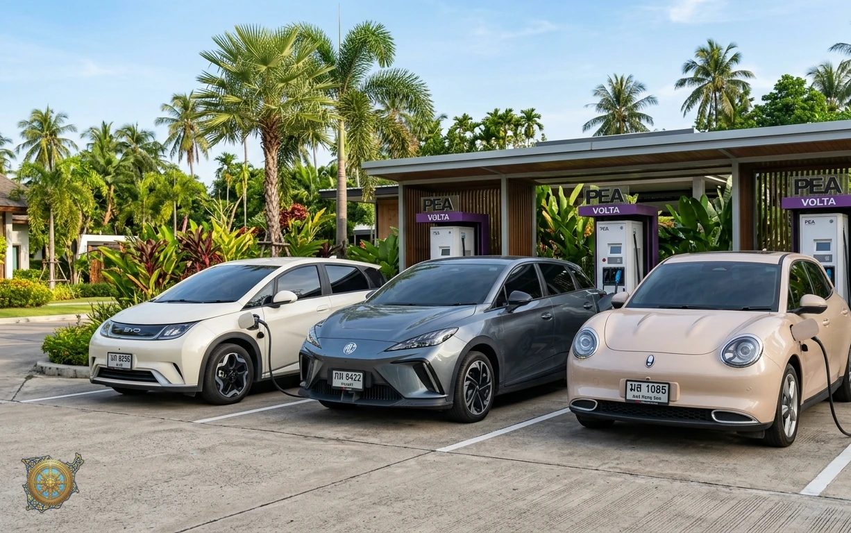 Three electric hatchbacks from the Samui Cars fleet parked side by side at a charging station in Koh Samui: an ivory white BYD Dolphin, a slate grey MG MG4 Electric and a sand beige GWM Ora Good Cat