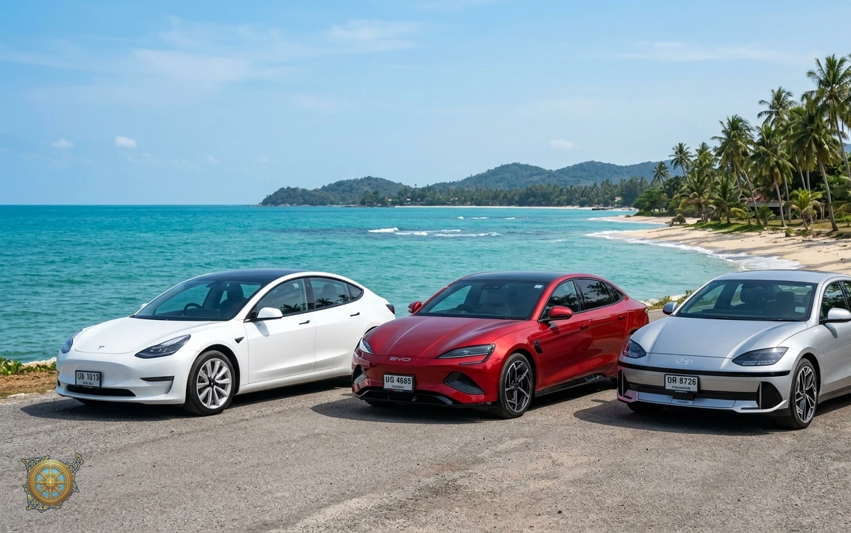 Three electric sedans from the Samui Cars fleet parked side by side on a coastal road in Koh Samui: a white Tesla Model 3, a metallic red BYD Seal and a silver Hyundai Ioniq 6