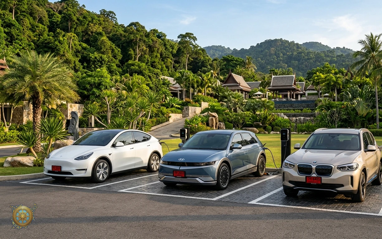 Three electric SUVs from the Samui Cars fleet parked side by side at a resort charging bay in Koh Samui: a pearl white Tesla Model Y, a steel blue Hyundai Ioniq 5 and a champagne BMW iX3