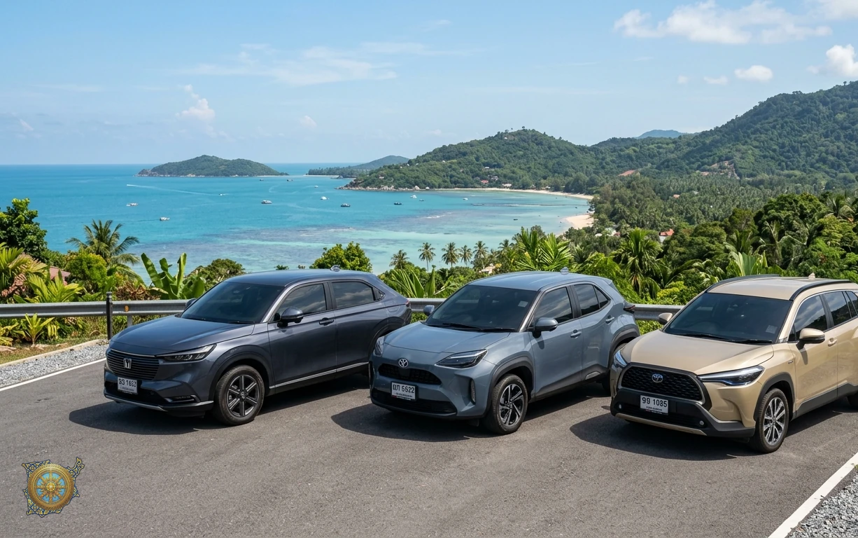 Three crossovers from the Samui Cars fleet parked side by side at a hillside viewpoint in Koh Samui: a dark grey Honda HR-V, a slate grey Toyota Yaris Cross and a sand beige Toyota Corolla Cross