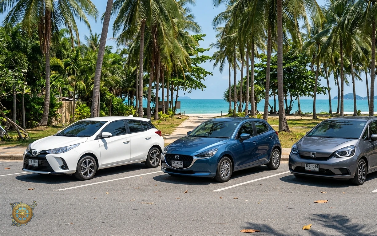 Three hatchbacks from the Samui Cars fleet parked side by side on a palm-lined road in Koh Samui: a white Toyota Yaris, a deep blue Mazda 2 and a gunmetal grey Honda Jazz