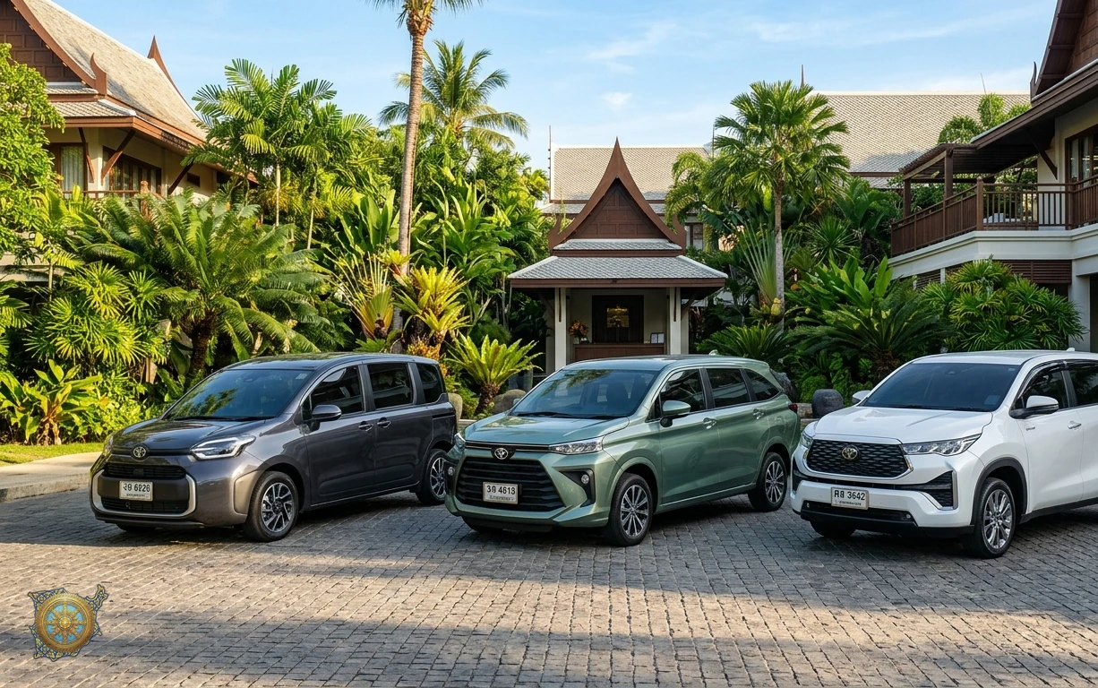 Three MPVs from the Samui Cars fleet parked side by side in Koh Samui: a dark grey Toyota Sienta, a metallic green Toyota Veloz and a white Toyota Innova