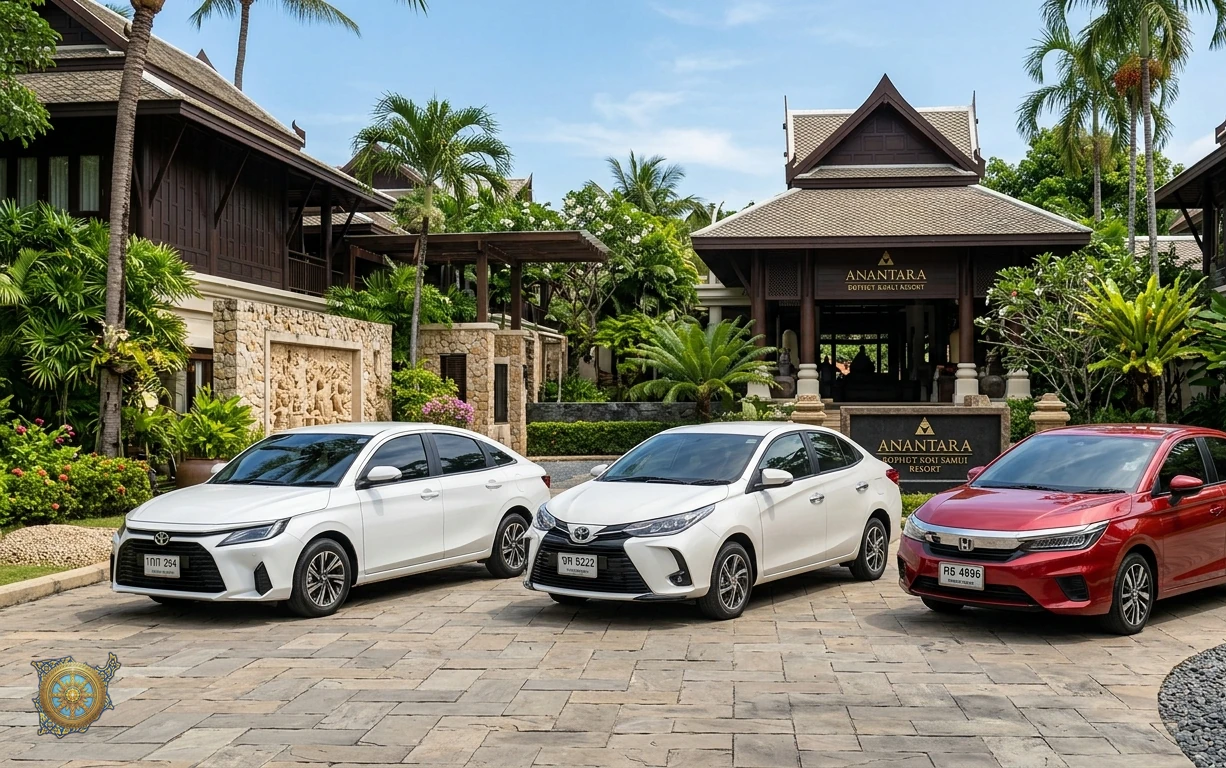 Three sedans from the Samui Cars fleet parked side by side at a resort entrance in Koh Samui: a white Toyota Yaris Ativ, a pearl white Toyota Vios and a metallic red Honda City