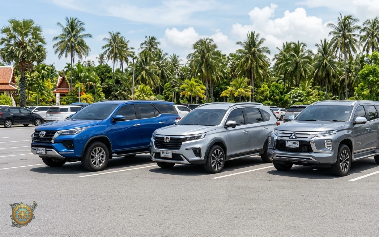 Three SUVs from the Samui Cars fleet parked side by side in Koh Samui: a metallic blue Toyota Fortuner, a silver Honda BR-V and a metallic grey Mitsubishi Pajero Sport