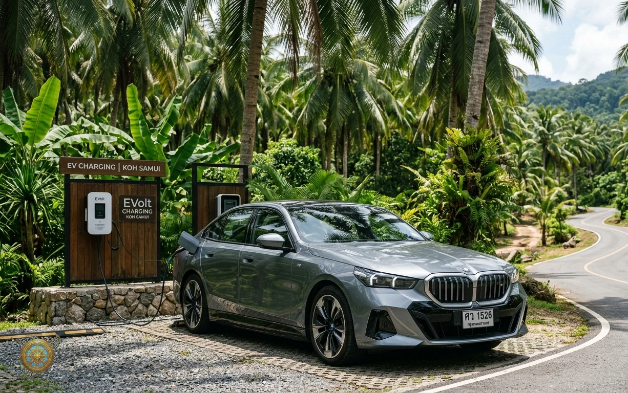 Gunmetal grey BMW i5 2026 executive electric sedan at an EV charging point beside a coconut grove in Koh Samui, Thailand