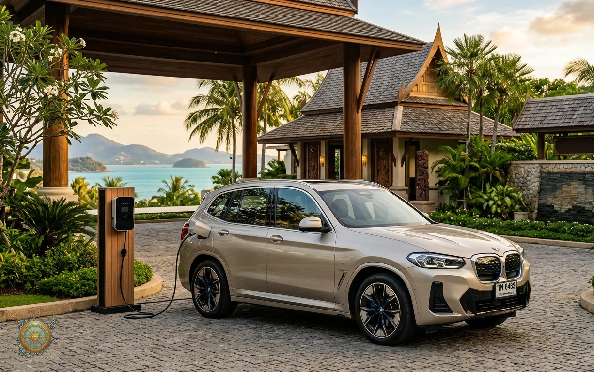 Champagne BMW iX3 2026 electric SUV charging at a luxury spa resort in Taling Ngam, Koh Samui, Thailand