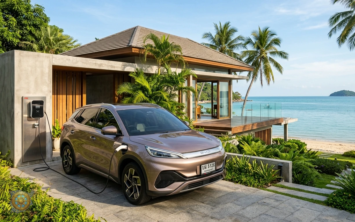 Metallic bronze BYD Atto 3 2026 electric crossover SUV charging at a beachfront villa in Maenam, Koh Samui, Thailand
