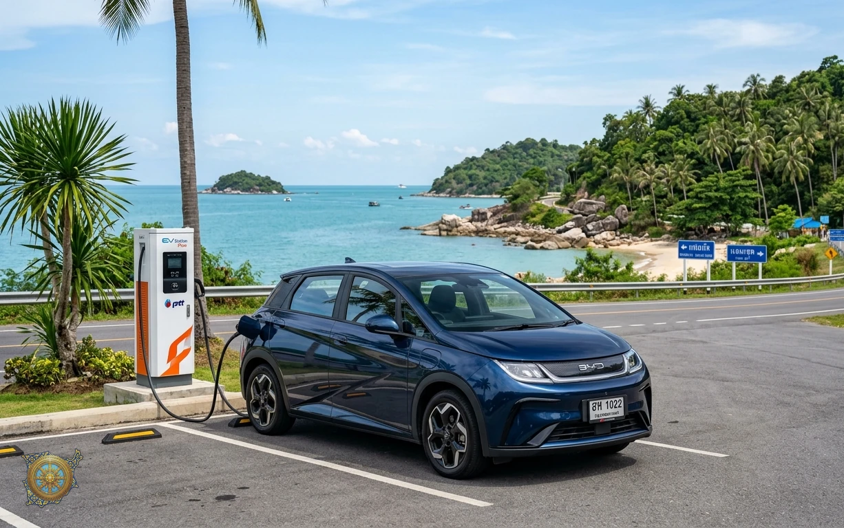 Midnight blue BYD Dolphin Extended Range 2026 electric hatchback at a charging point on the coastal road at Laem Set in Koh Samui, Thailand