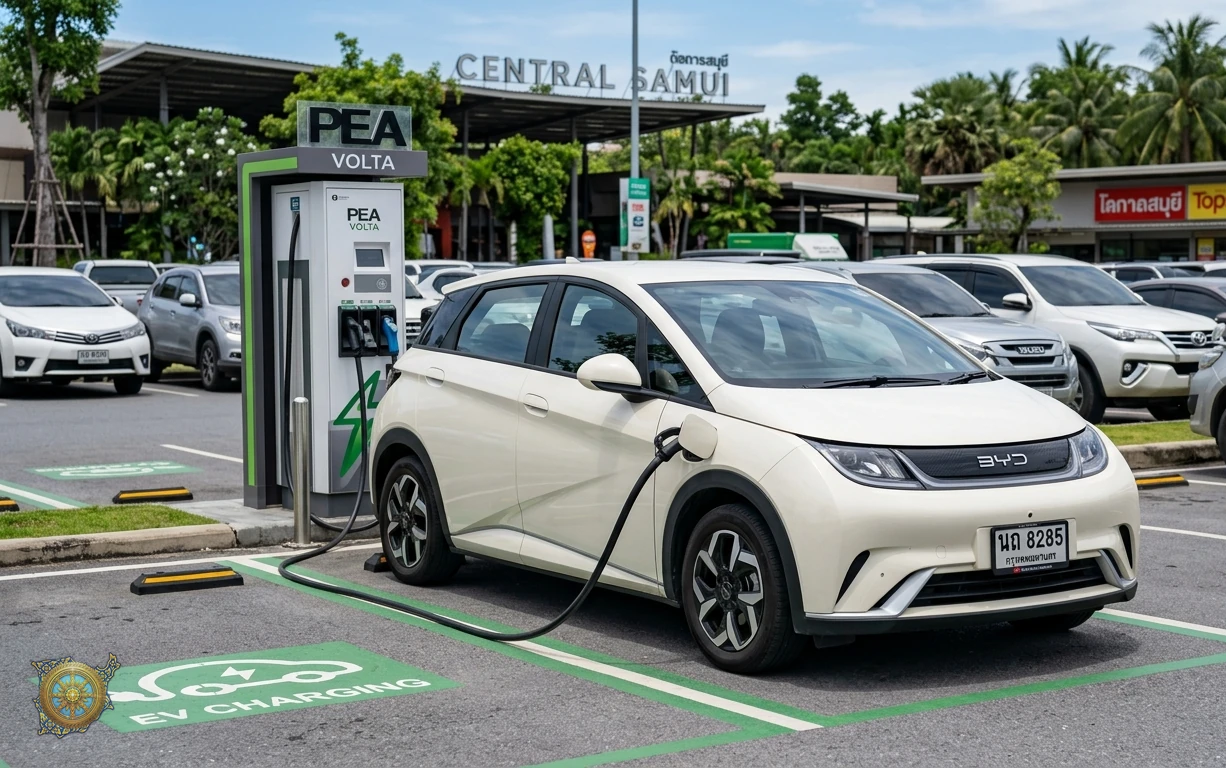 Ivory white BYD Dolphin 2026 electric hatchback at a public DC fast charger in Koh Samui, Thailand