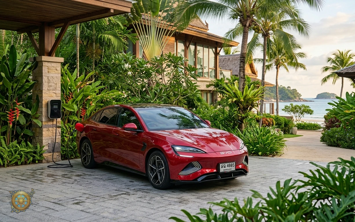 Metallic red BYD Seal 2026 electric sedan at a resort charging point in Choeng Mon, Koh Samui, Thailand