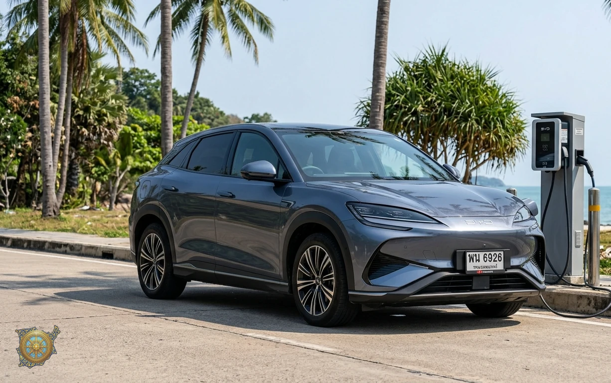 Dark grey BYD Sealion 7 2026 electric SUV at a roadside EV charging station on the Route 4169 ring road in Koh Samui, Thailand