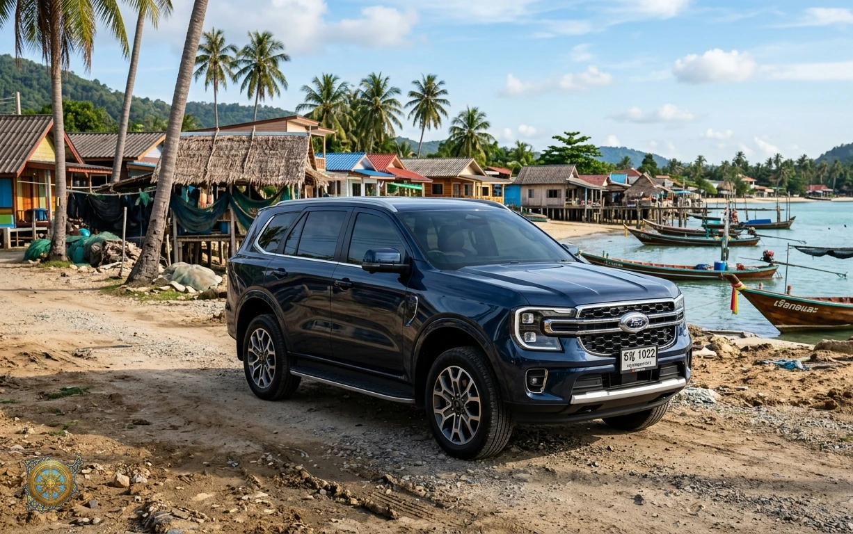 Midnight blue Ford Everest 2026 seven-seat SUV outside the fishing village at Hua Thanon in Koh Samui, Thailand