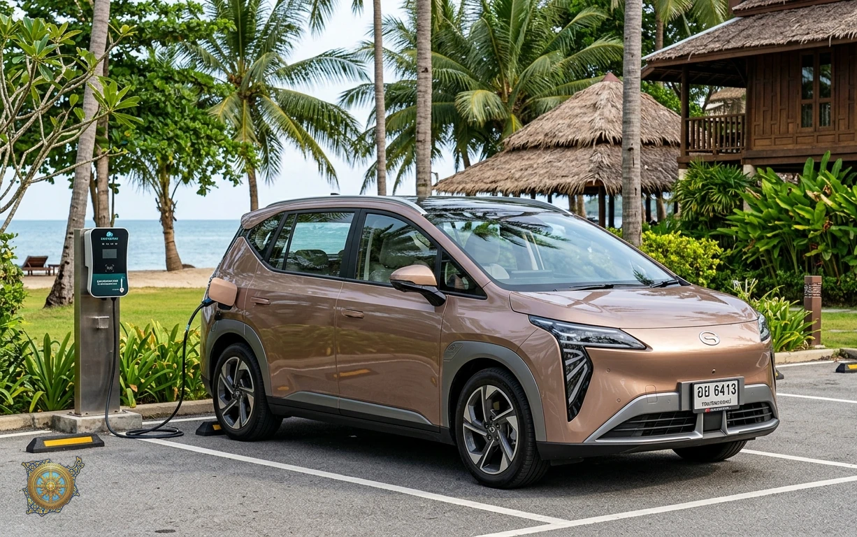 Bronze GAC AION Y 2026 electric MPV crossover charging at a resort car park in Lipa Noi, Koh Samui, Thailand