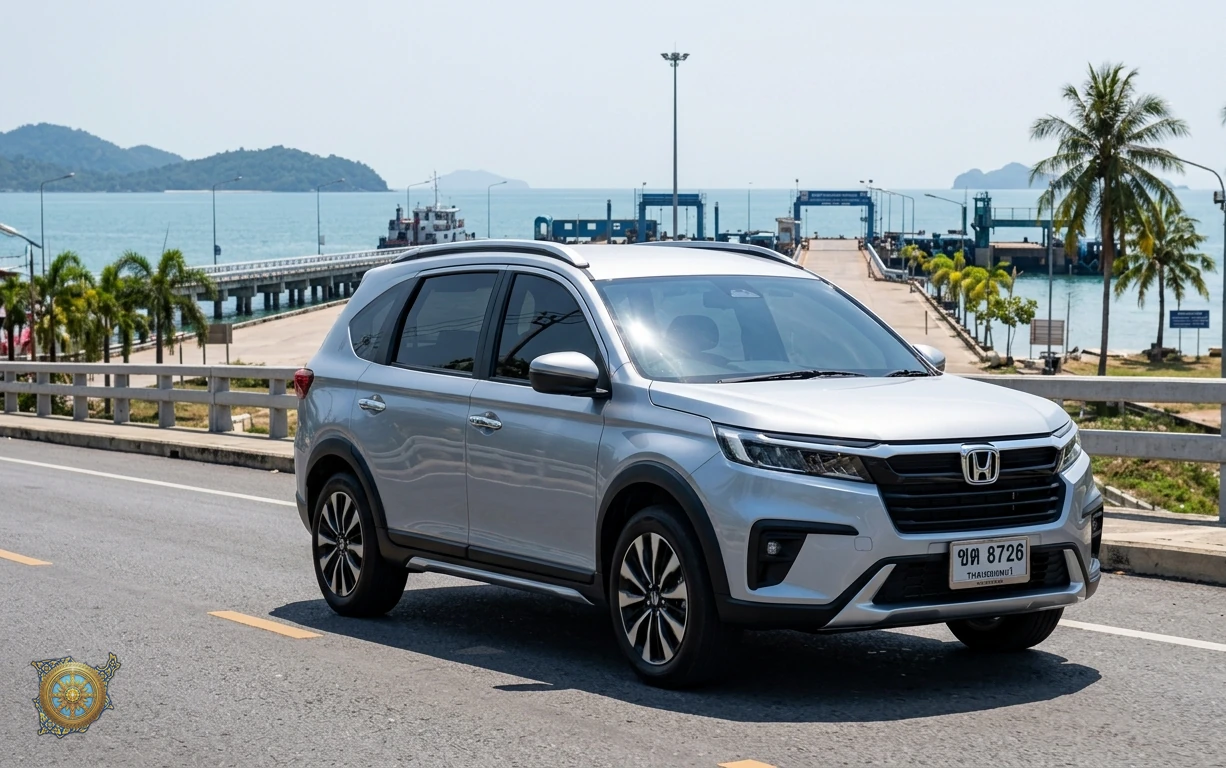 Silver Honda BR-V 2026 seven-seat compact SUV on the pier approach road at Nathon in Koh Samui, Thailand
