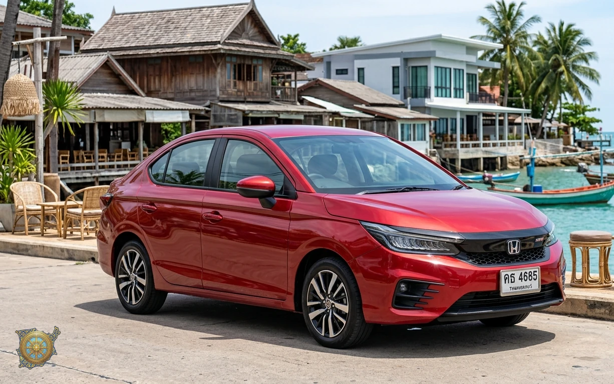 Metallic red Honda City 2026 sedan outside a beachfront cafe in Bophut, Koh Samui, Thailand