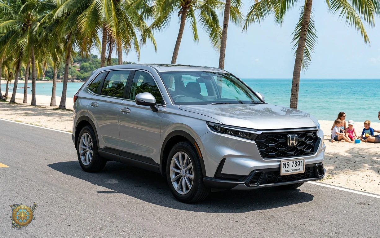 Silver Honda CR-V 2026 mid-size SUV parked by a tropical beach in Koh Samui, Thailand
