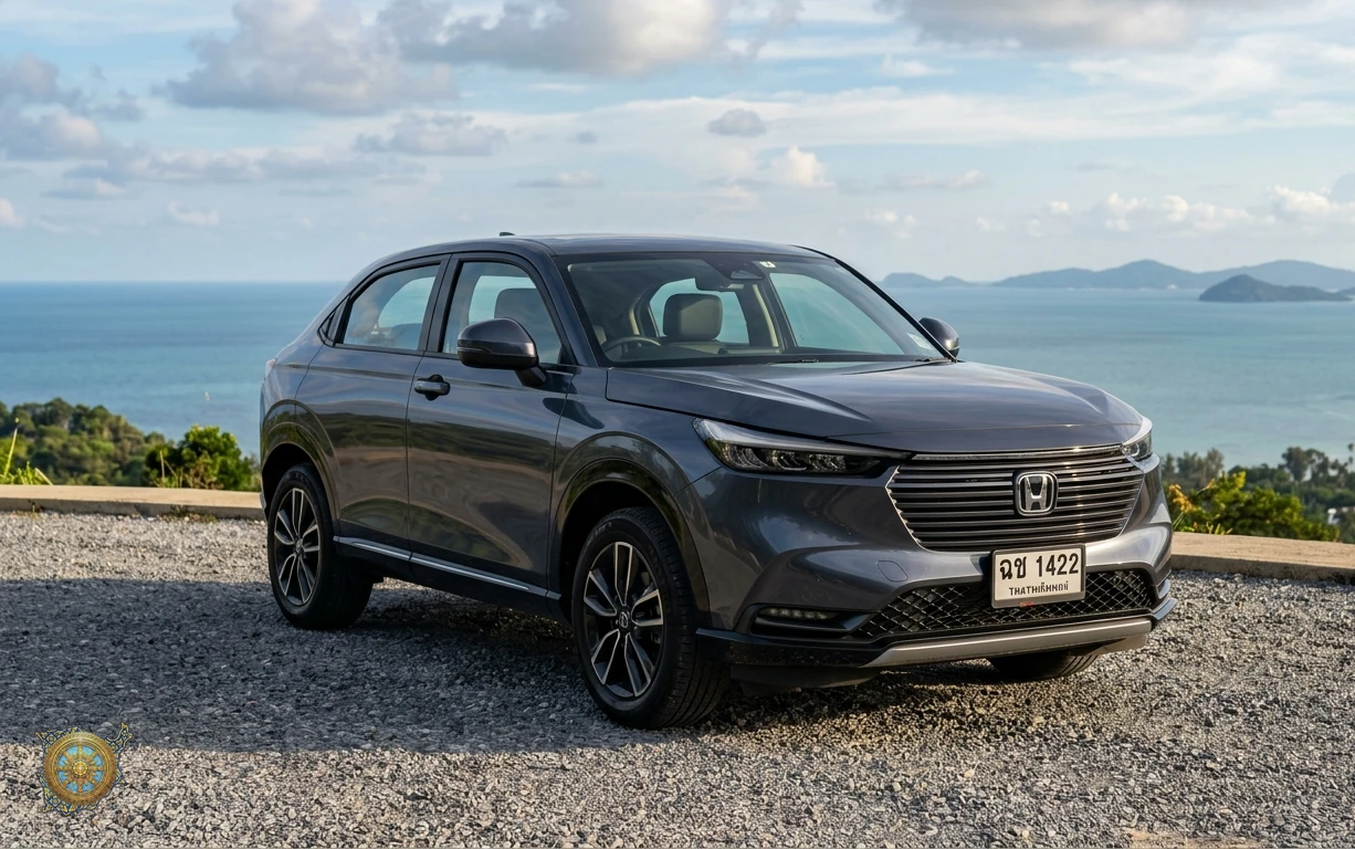 Dark grey Honda HR-V 2026 compact SUV parked at a scenic ocean overlook in Koh Samui, Thailand