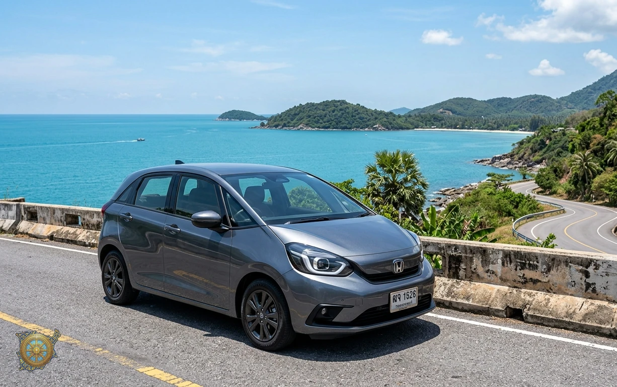 Gunmetal grey Honda Jazz 2026 hatchback on the Taling Ngam west coast road in Koh Samui, Thailand