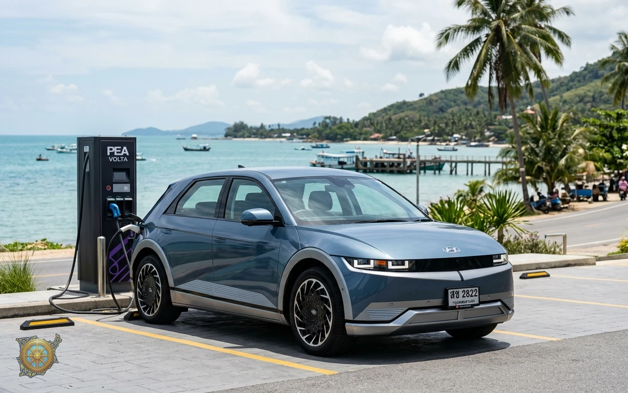 Steel blue Hyundai Ioniq 5 2026 electric crossover SUV at a charging bay near Bang Rak pier in Koh Samui, Thailand