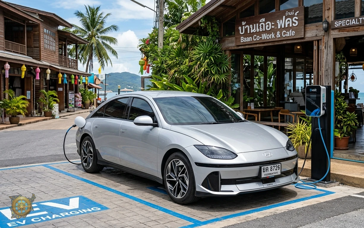 Silver Hyundai Ioniq 6 2026 electric sedan at a charging bay outside a cafe in Bophut, Koh Samui, Thailand