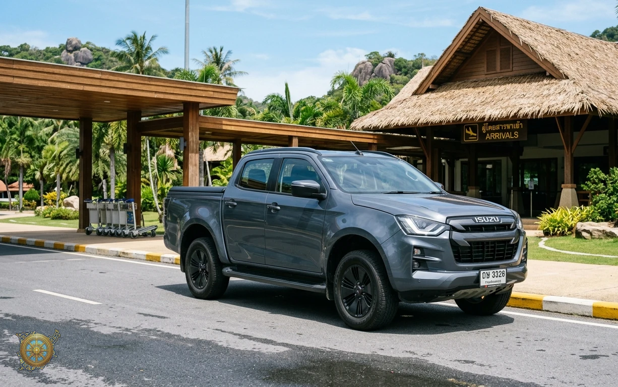 Graphite grey Isuzu D-Max 2026 double-cab pickup at Samui International Airport arrivals in Koh Samui, Thailand