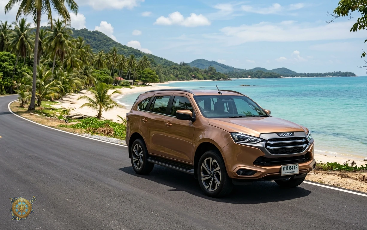 Bronze Isuzu MU-X 2026 seven-seat SUV on the coastal road at Lipa Noi in Koh Samui, Thailand
