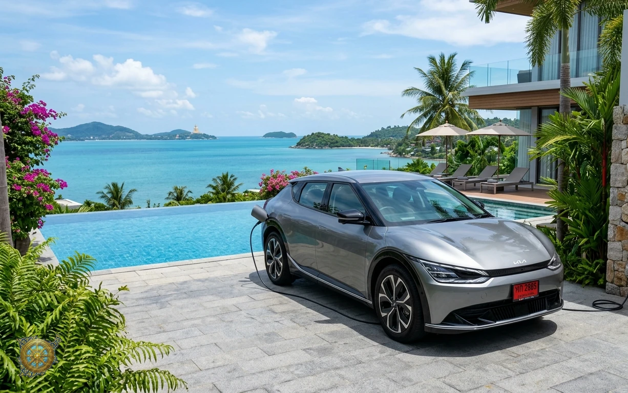 Metallic grey Kia EV6 2026 electric crossover SUV charging at a villa wallbox in Plai Laem, Koh Samui, Thailand