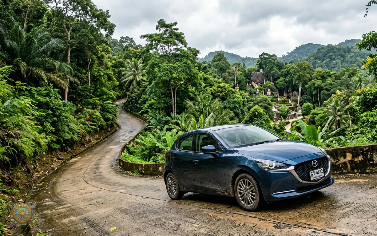 Deep blue Mazda 2 2026 hatchback on a steep hill road in Koh Samui, Thailand