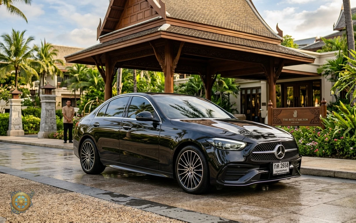 Black Mercedes-Benz C-Class 2026 premium sedan at a luxury hotel entrance in Koh Samui, Thailand