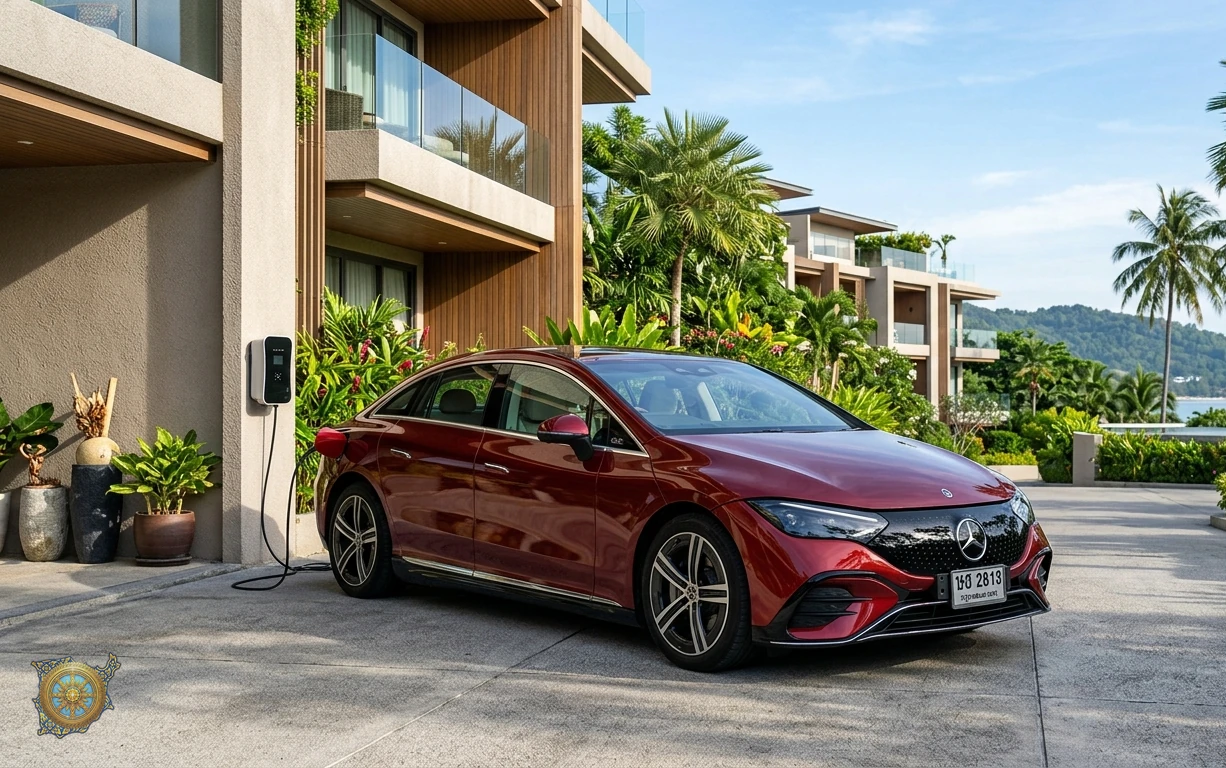 Burgundy Mercedes-Benz EQE 2026 executive electric sedan charging outside an apartment building in Lamai, Koh Samui, Thailand