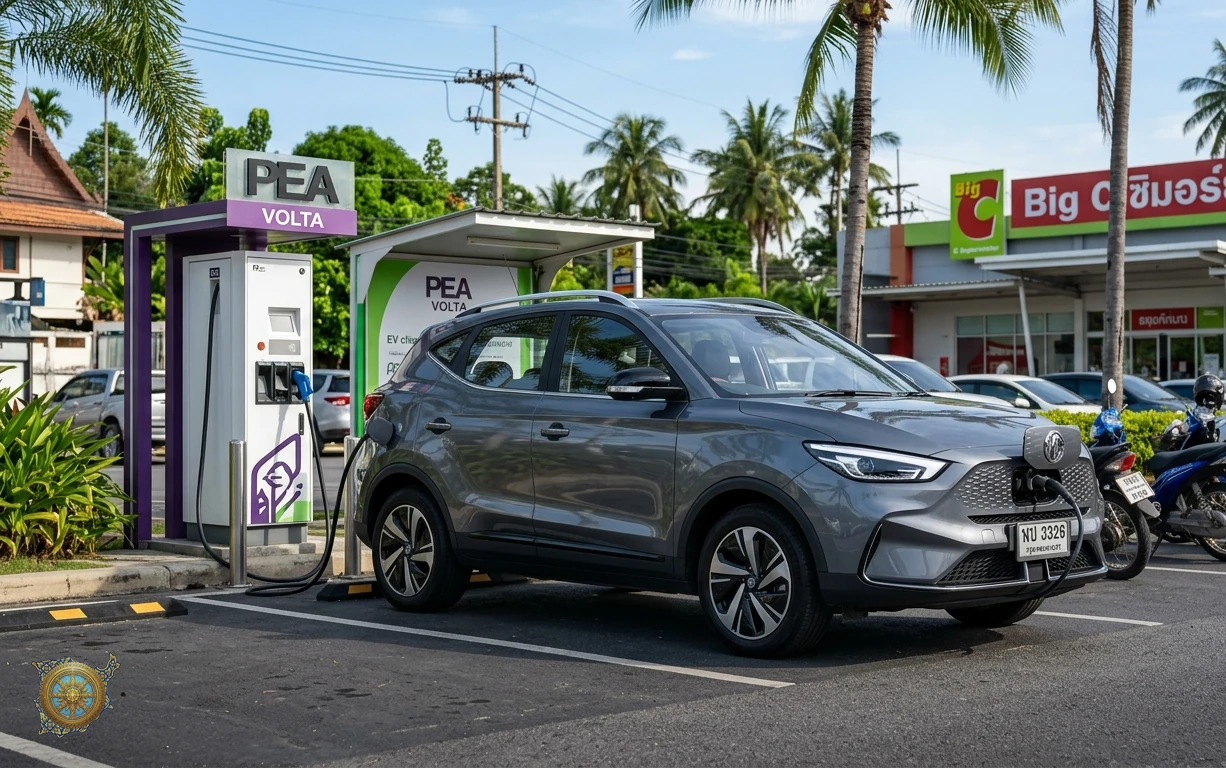 Graphite grey MG ZS EV 2026 electric SUV at an EV charging station in Lamai, Koh Samui, Thailand