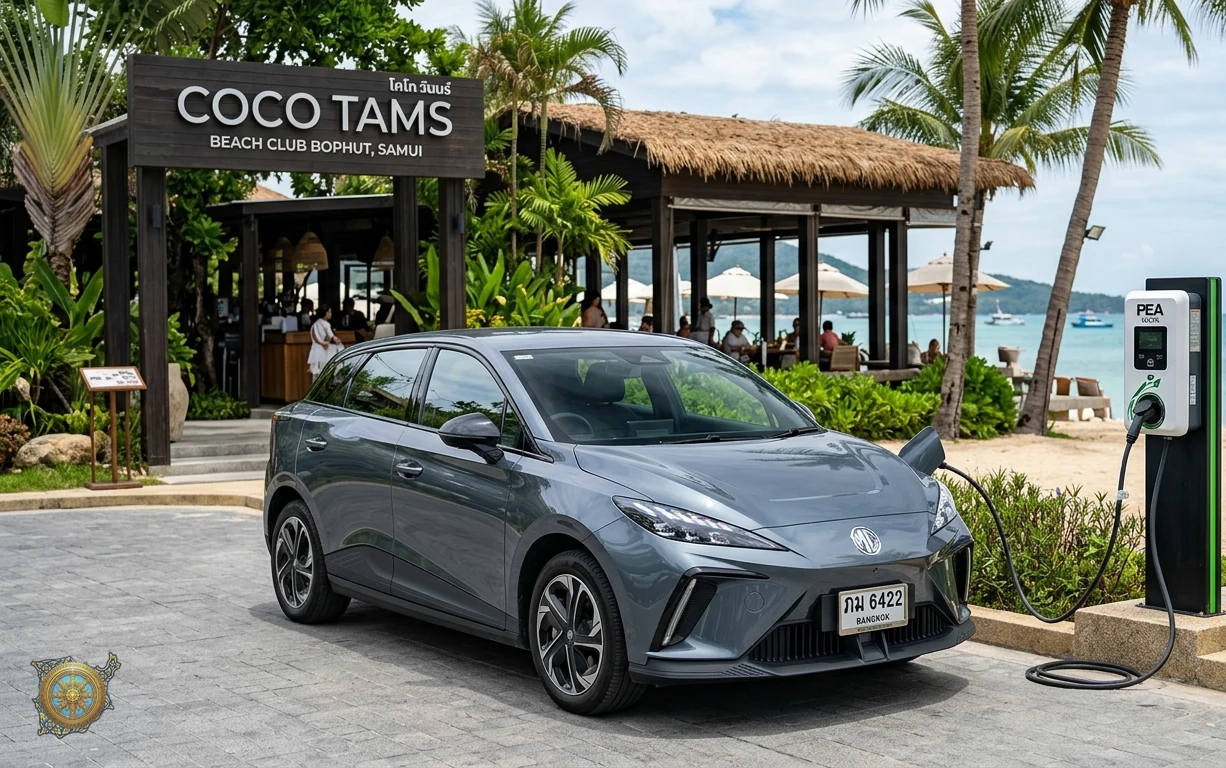 Slate grey MG MG4 Electric 2026 electric hatchback at an EV charging point in Bophut, Koh Samui, Thailand