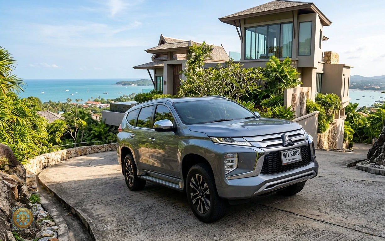 Metallic grey Mitsubishi Pajero Sport 2026 seven-seat SUV on a hillside villa driveway above Bophut in Koh Samui, Thailand