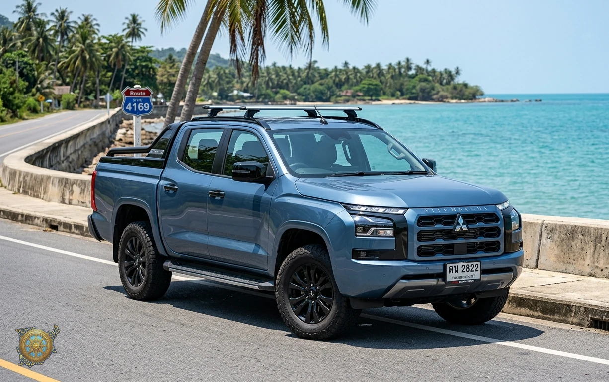 Steel blue Mitsubishi Triton 2026 double-cab pickup on the Route 4169 ring road in Koh Samui, Thailand