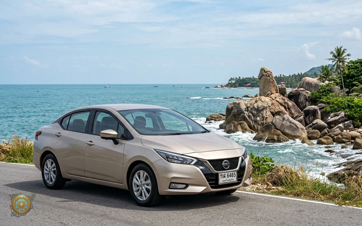Champagne Nissan Almera 2026 economy sedan beside the Hin Ta and Hin Yai rocks in Koh Samui, Thailand