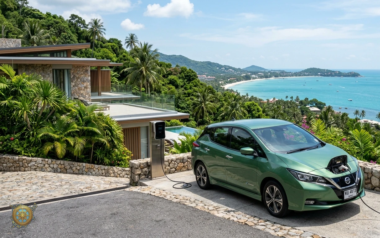 Metallic green Nissan Leaf 2026 electric hatchback charging at a hillside villa above Chaweng Noi in Koh Samui, Thailand