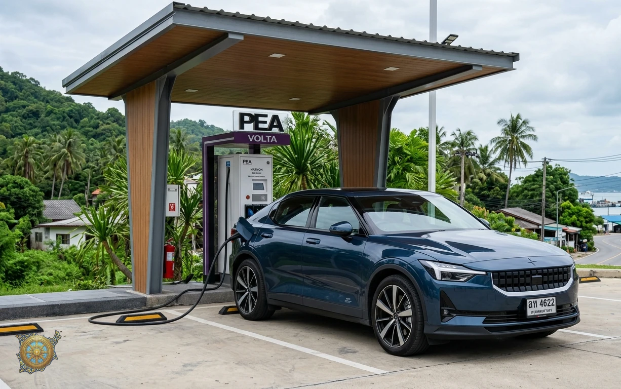 Deep blue Polestar 2 2026 electric liftback at a covered EV charging station near Nathon in Koh Samui, Thailand