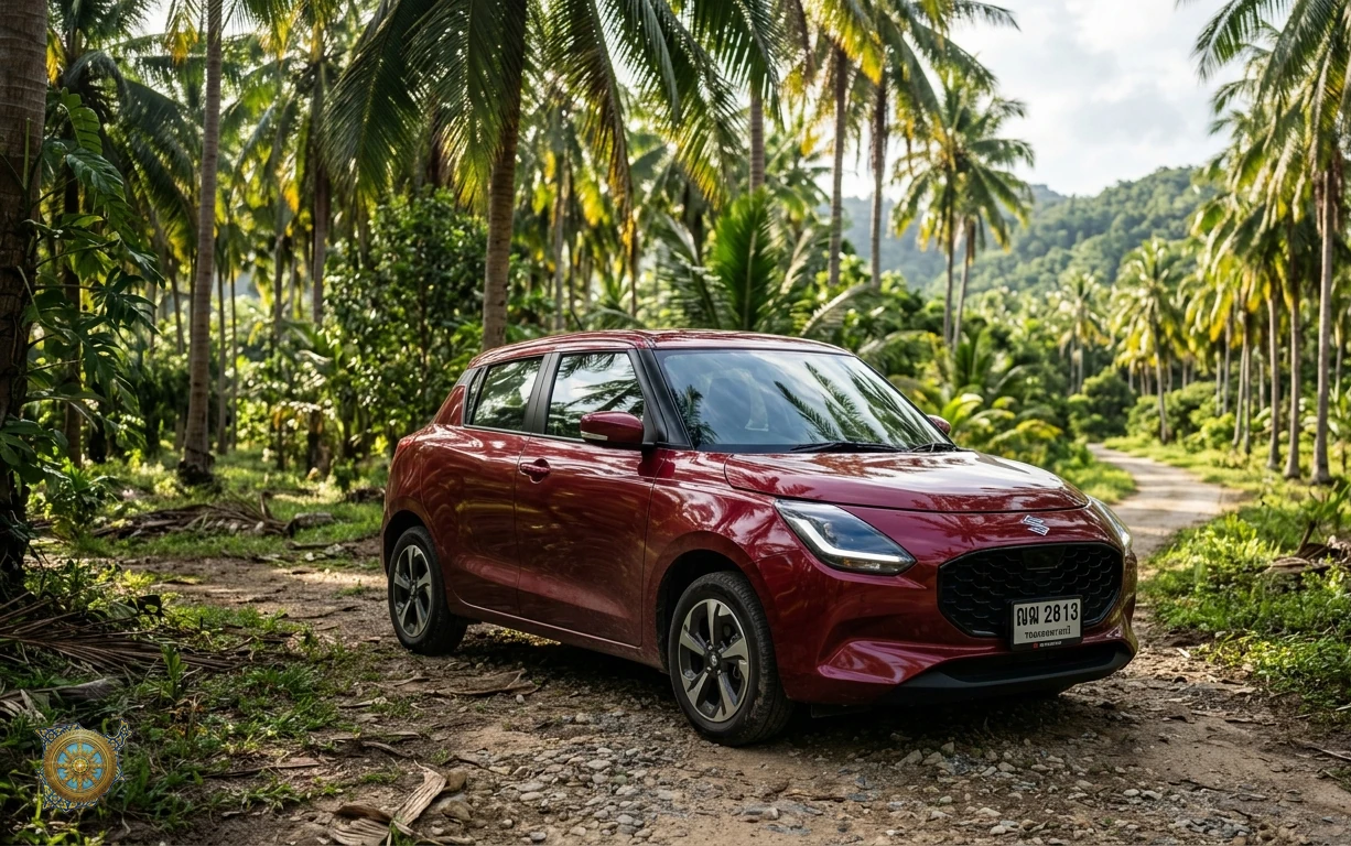 Burgundy Suzuki Swift 2026 hatchback on a coconut plantation road in Koh Samui, Thailand