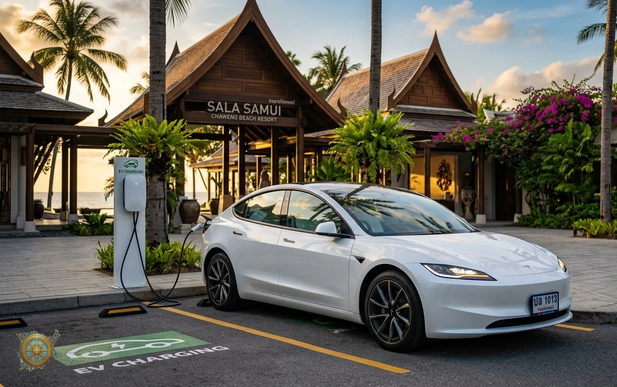 White Tesla Model 3 2026 electric sedan at an EV charging bay outside a Chaweng hotel in Koh Samui, Thailand