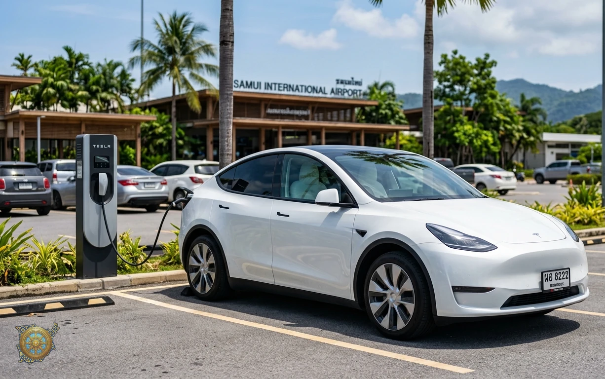 Pearl white Tesla Model Y 2026 electric crossover SUV charging at Samui International Airport in Koh Samui, Thailand