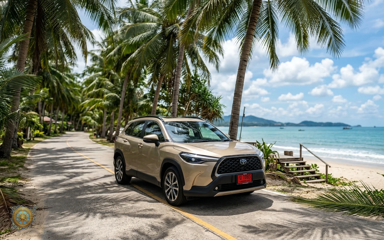 Sand beige Toyota Corolla Cross 2026 crossover SUV on the Maenam beachfront road in Koh Samui, Thailand