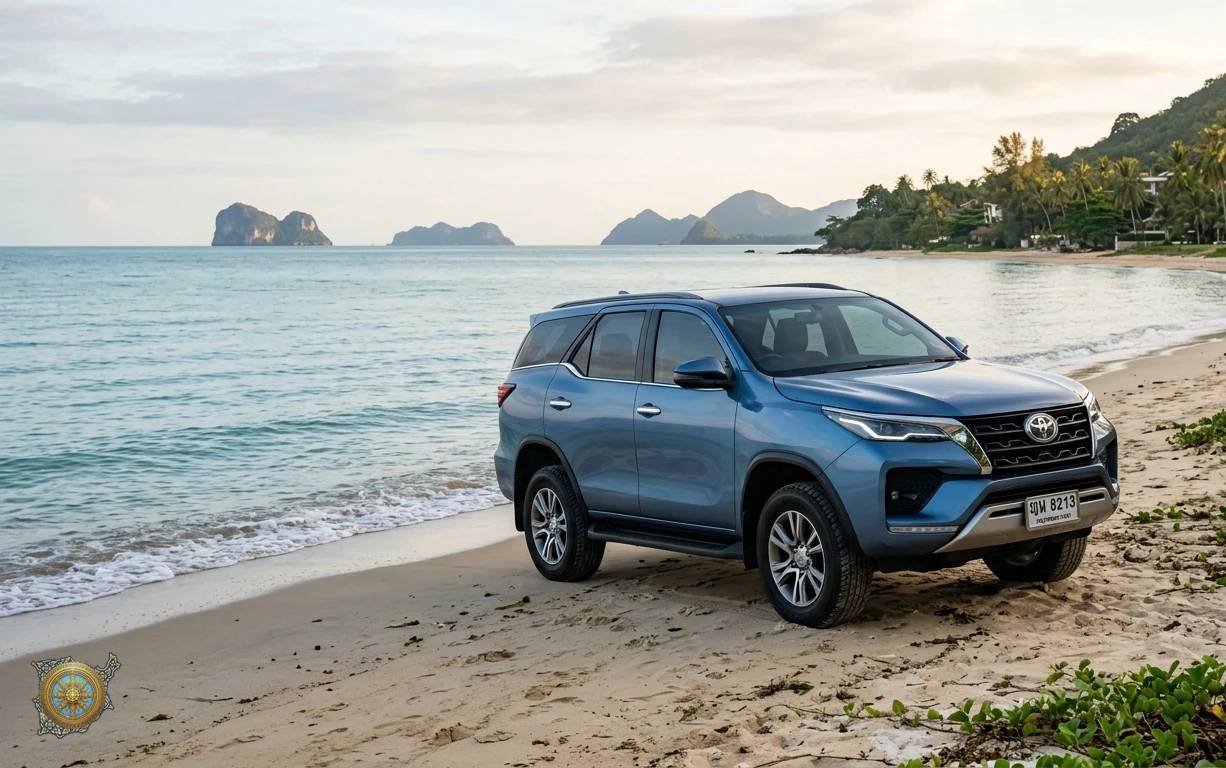Metallic blue Toyota Fortuner 2026 seven-seat SUV at Choeng Mon beach in Koh Samui, Thailand