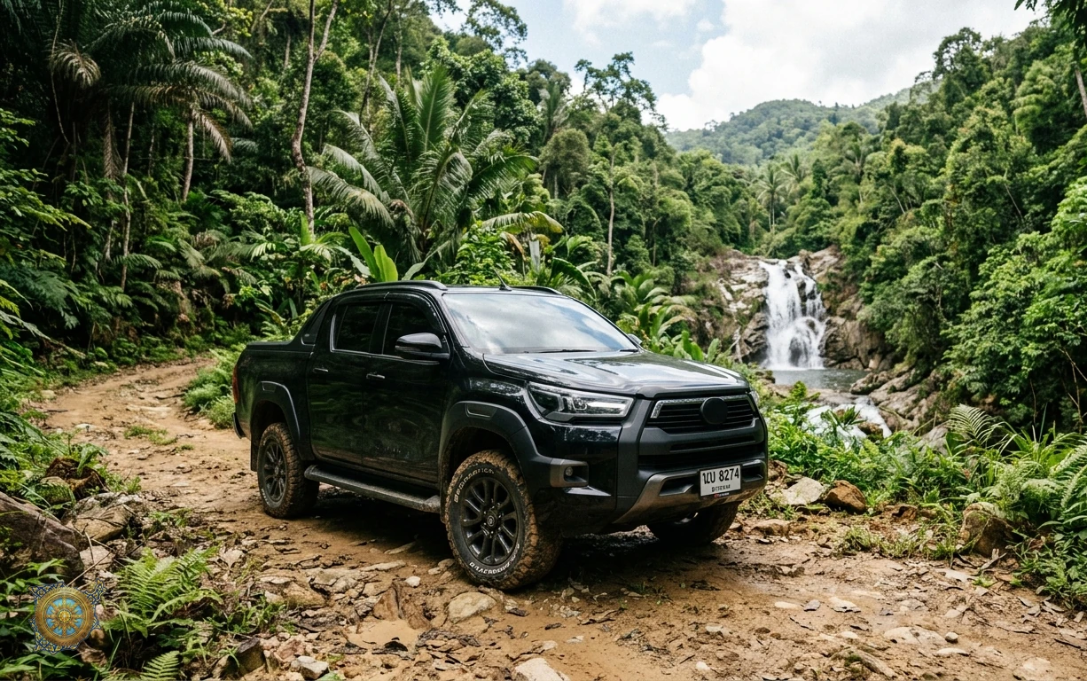 Black Toyota Hilux Revo 2026 pickup truck on a jungle track in Koh Samui, Thailand