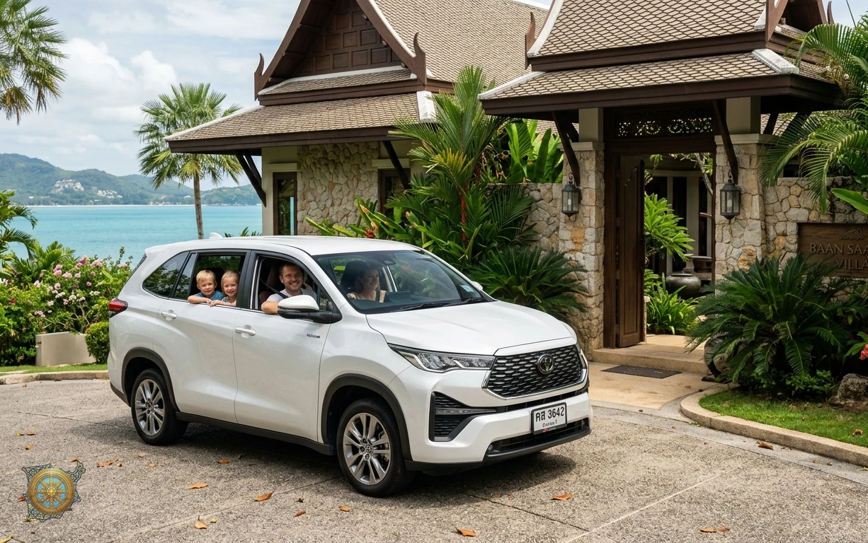 White Toyota Innova Zenix 2026 seven-seat MPV parked at a luxury villa entrance in Koh Samui, Thailand