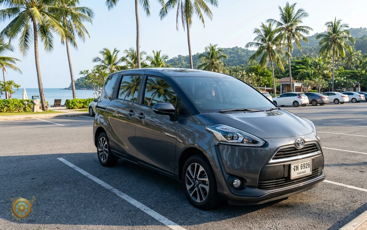 Dark grey Toyota Sienta 2026 seven-seat compact MPV in a car park in Koh Samui, Thailand